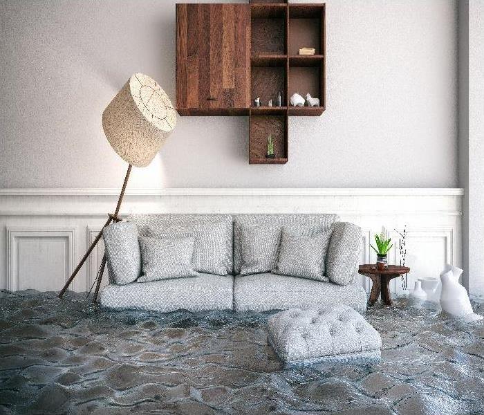 Flood in a house with furniture floating