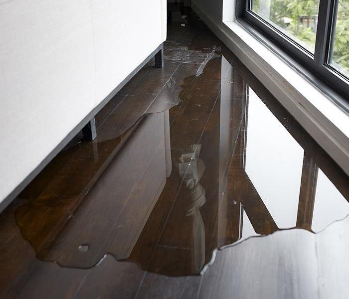 Water on wood flooring next to a glass window