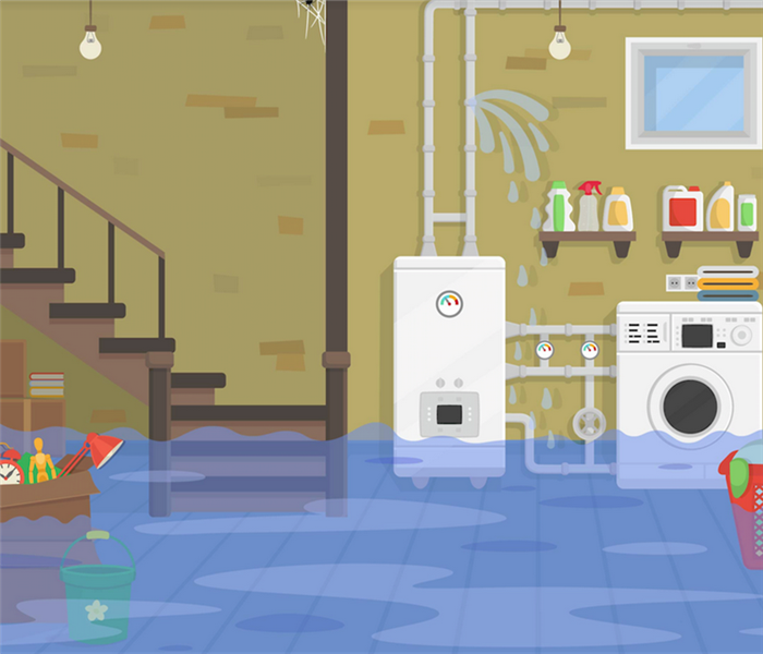 a flooded basement with items floating around